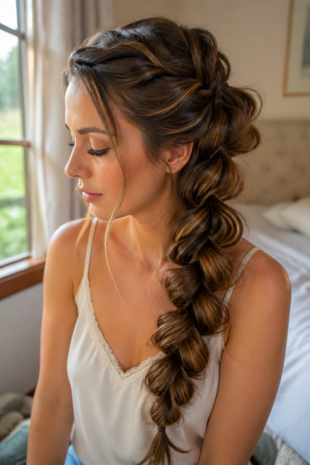 Close-up of Pancaked Bubble Braid That Fans Out on a real woman's head in natural window light