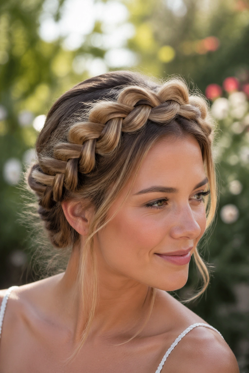 Close-up of a real woman with a voluminous pancaked crown braid framing the head.