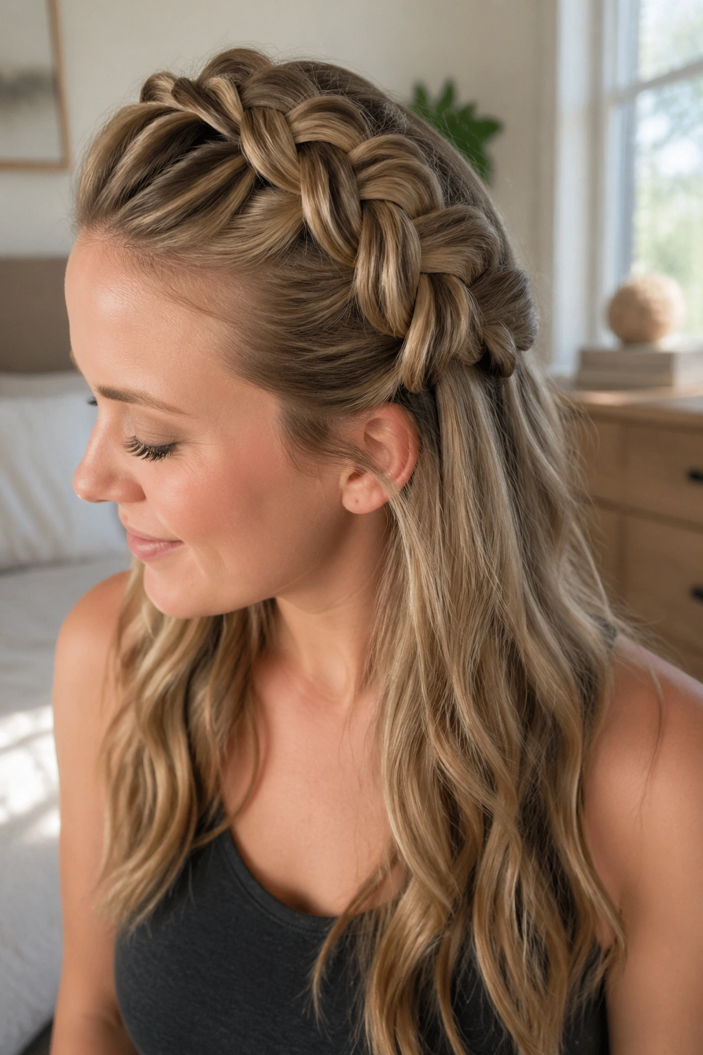 Real woman with pancake Dutch braid showing wider look for fine hair.