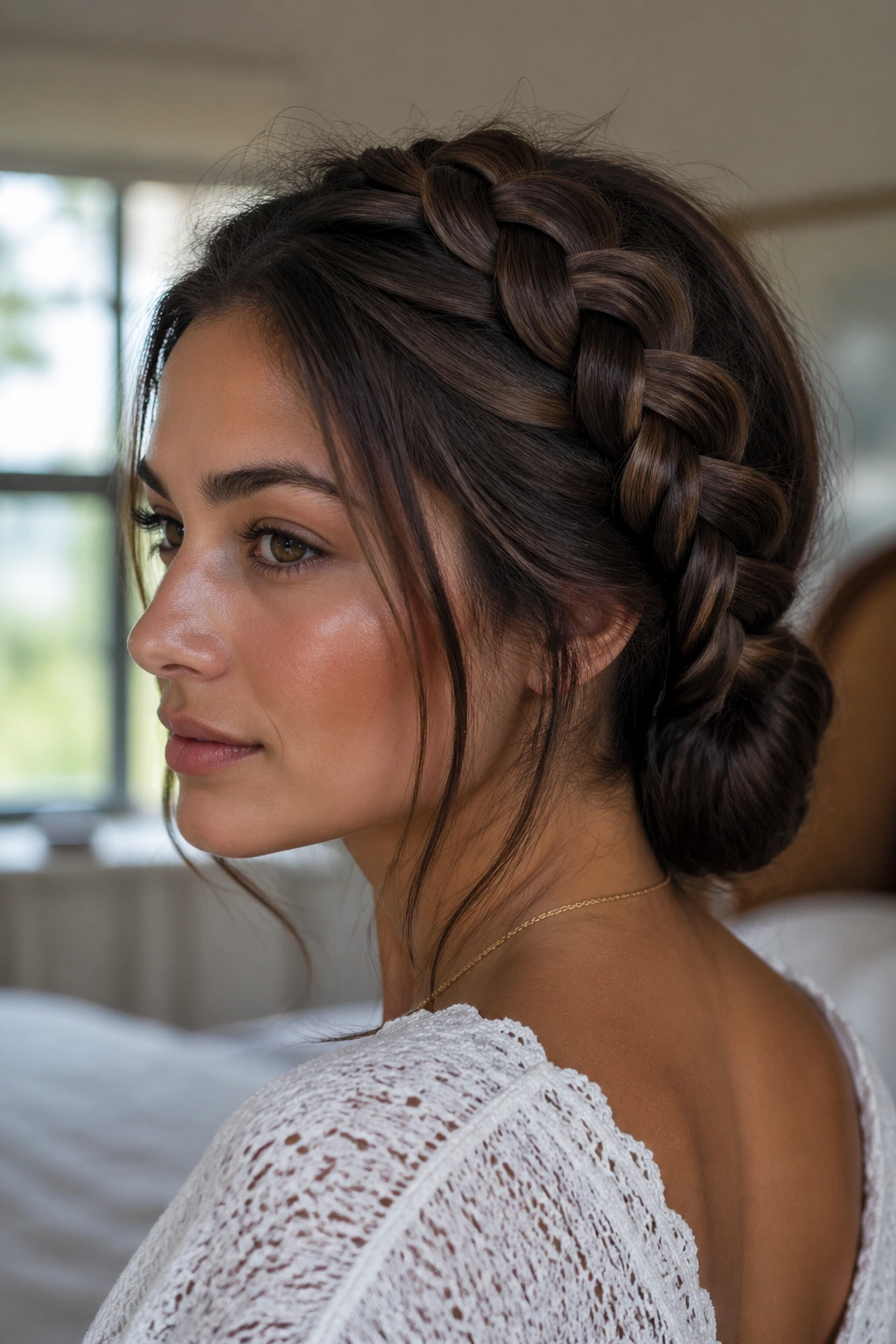 Close-up of a real woman with a pancake Dutch braid ending in a low bun at the nape under natural window light