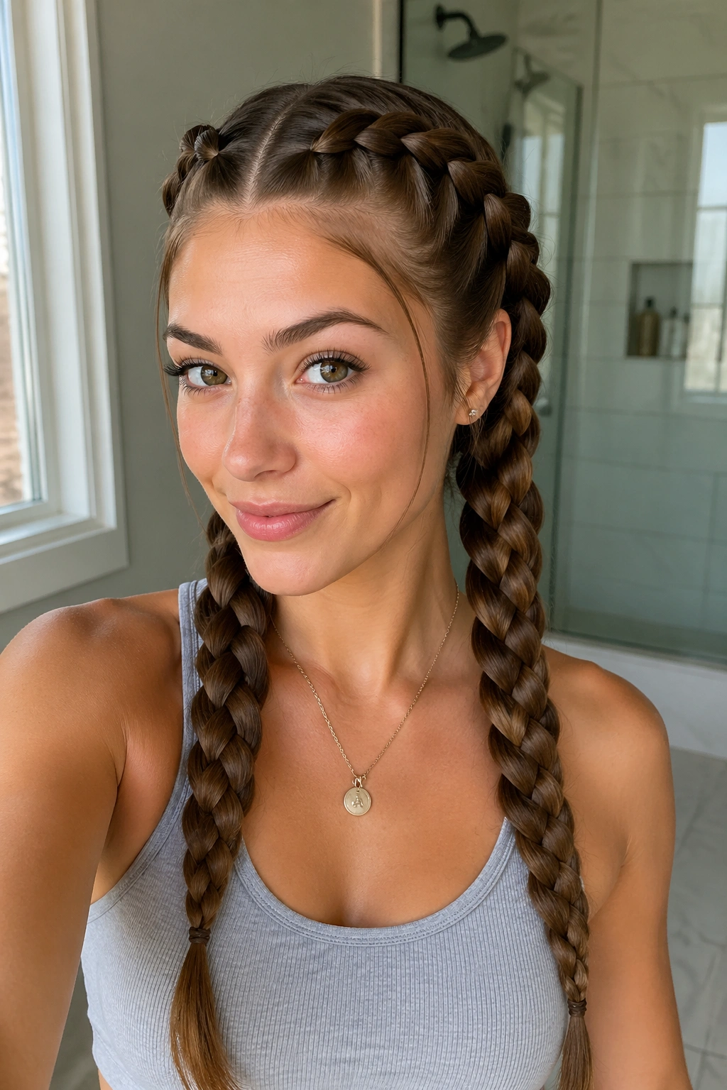 Real woman with twin Dutch braids pancake widened on waist-length hair
