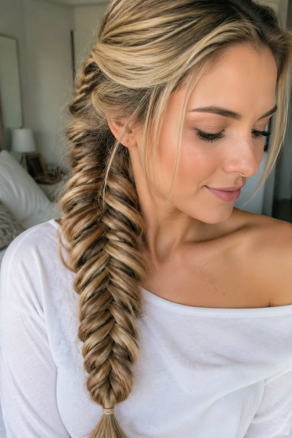 Close-up of thick pancaked fishtail braid on a real woman
