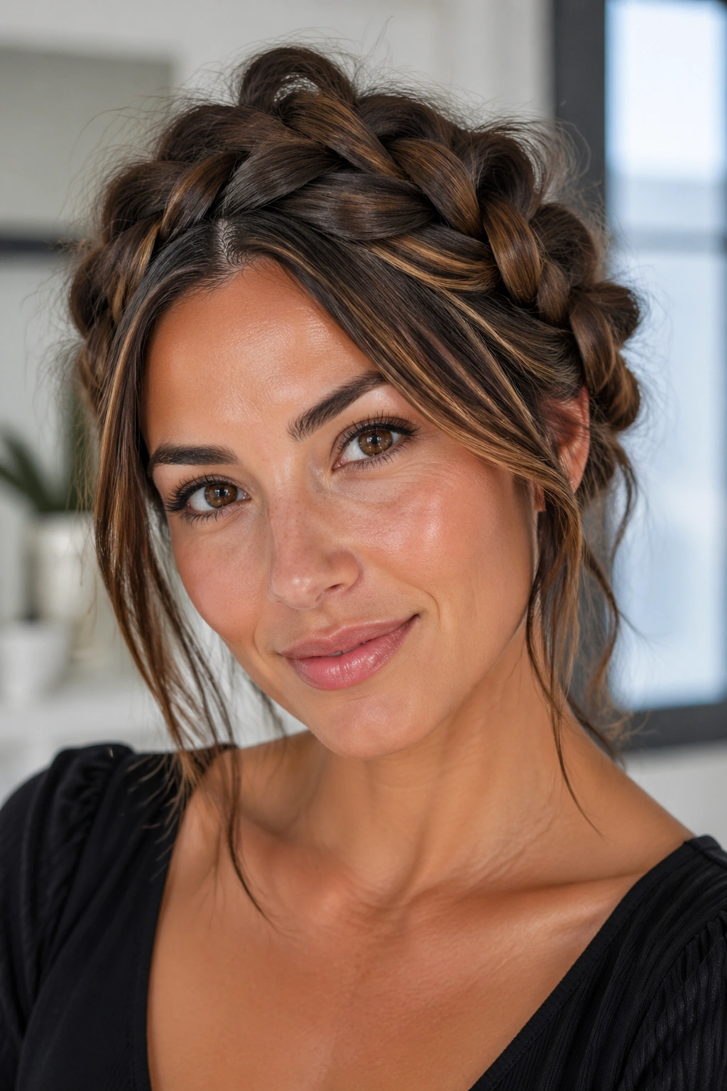 Close-up of a real woman with a pancake French braid on thick hair in soft studio light