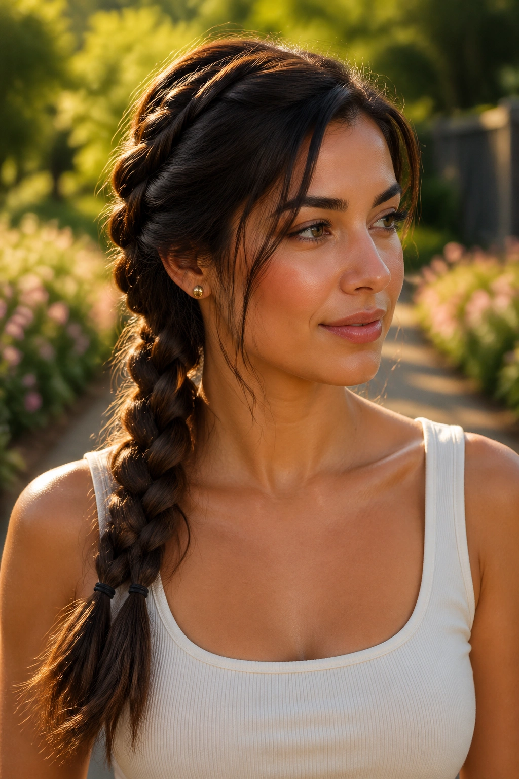 Real woman with pancaked side braid flowing into a low ponytail on a garden path in golden hour light