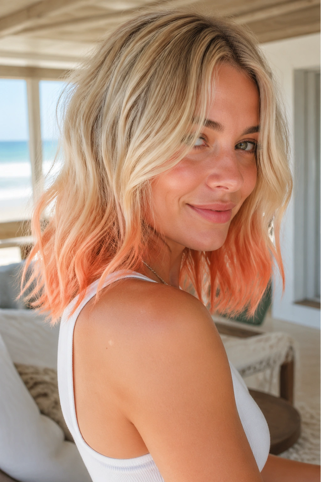 Real woman with papaya orange ends on blonde hair