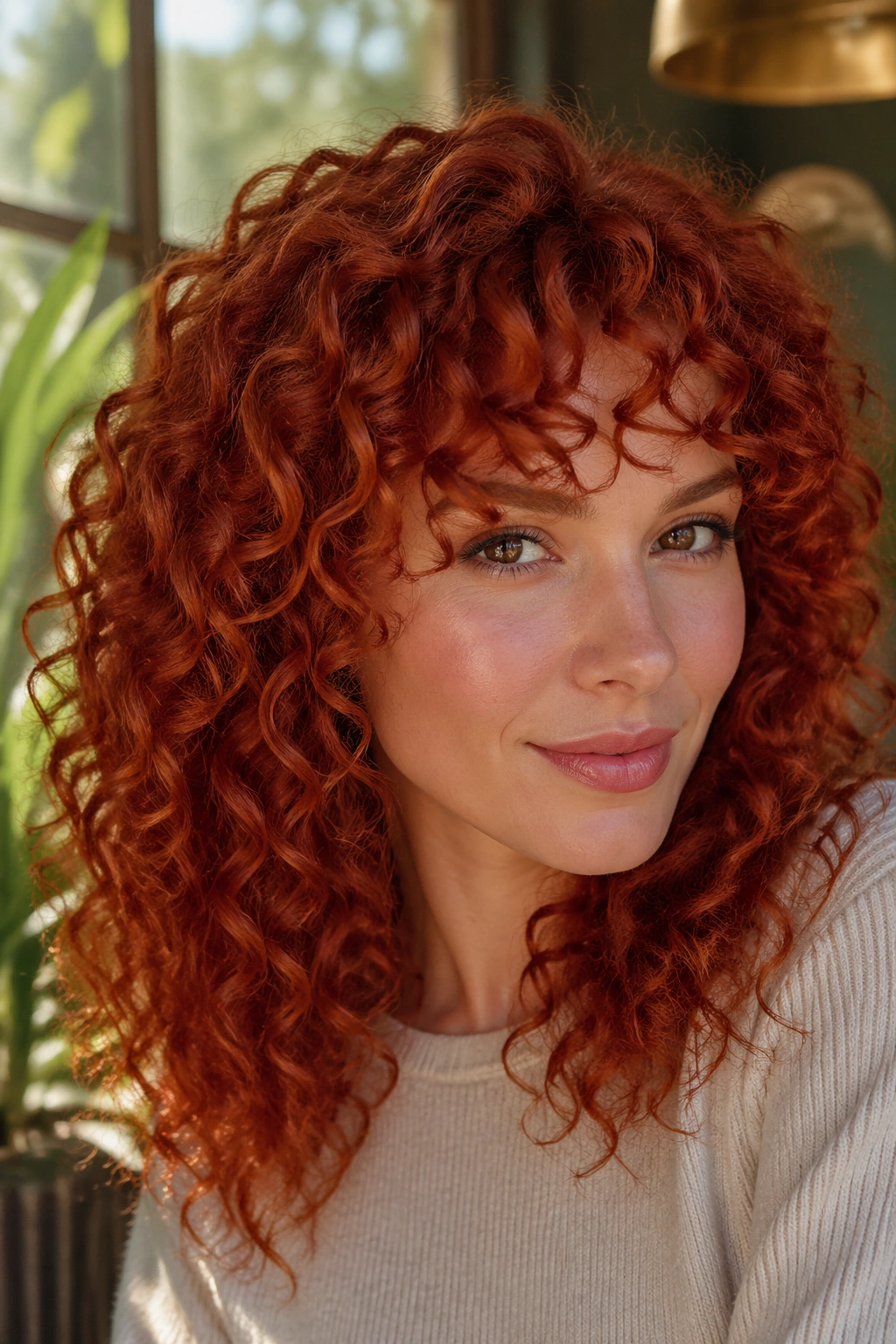 Portrait of a real person with paprika red curls under warm daylight