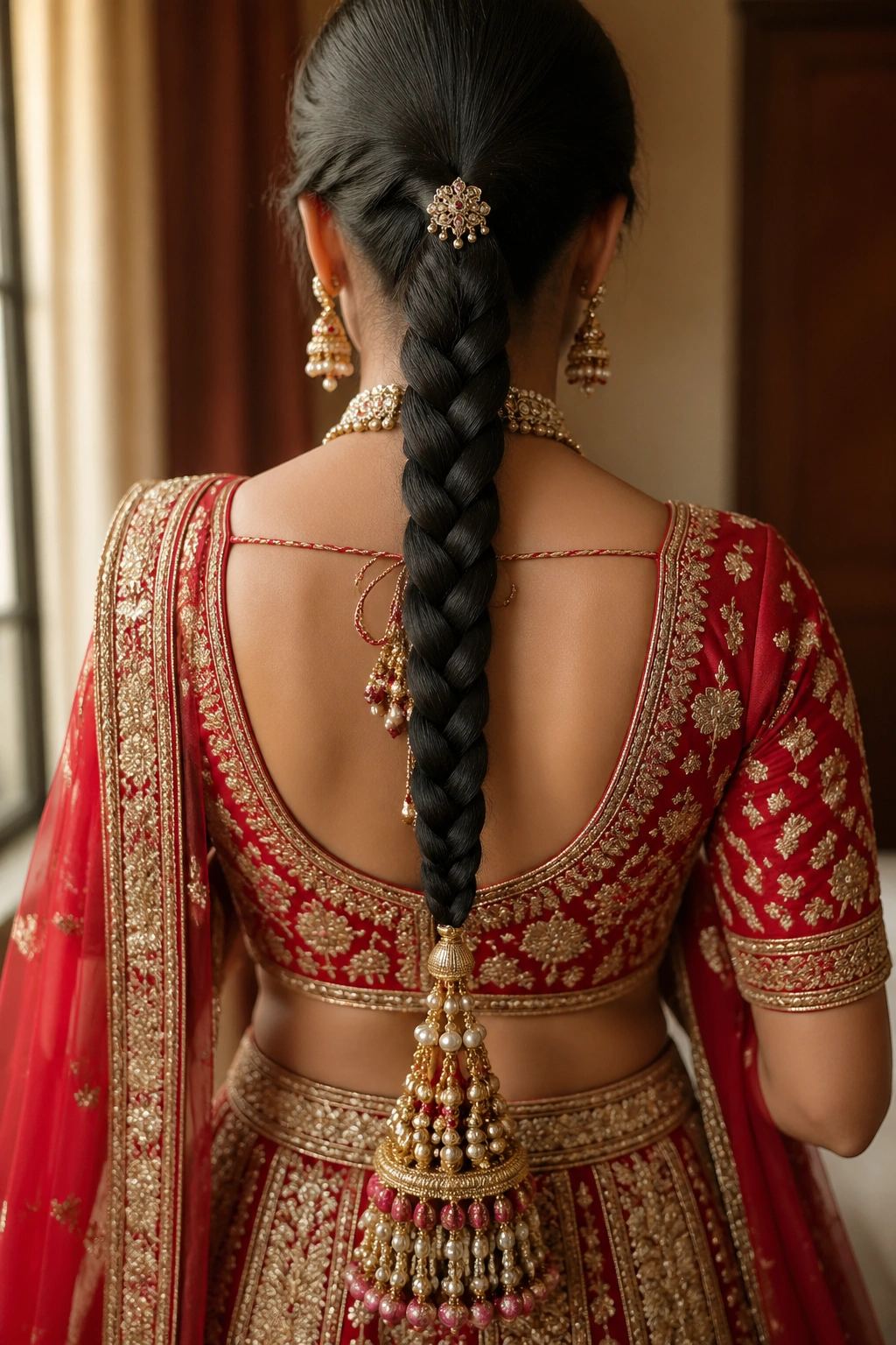 Close-up of a classic single parandi braid on a real bride, parandi tassels at tip