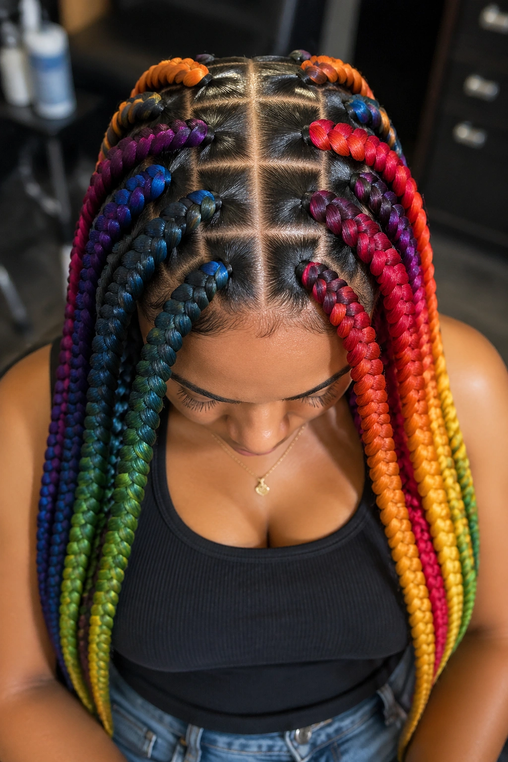Top-down view of head showing clean part lines in jumbo rainbow box braids