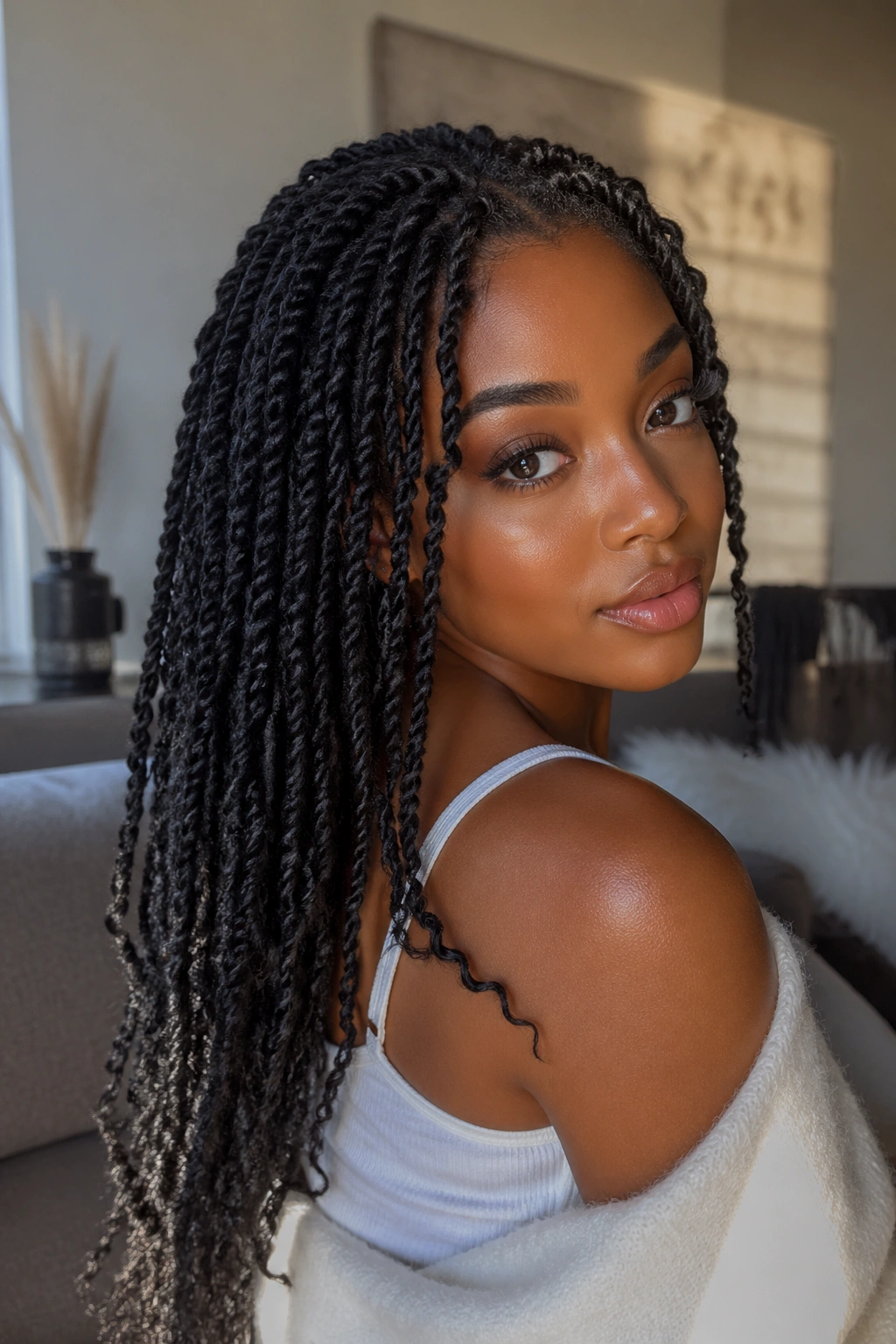 Close-up of a real person with passion twist crochet braids