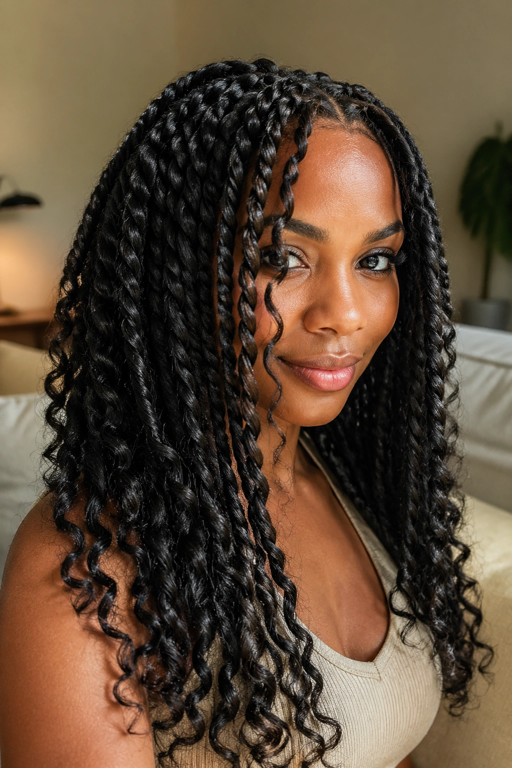 Close-up of passion twists with loose curl ends on a real woman