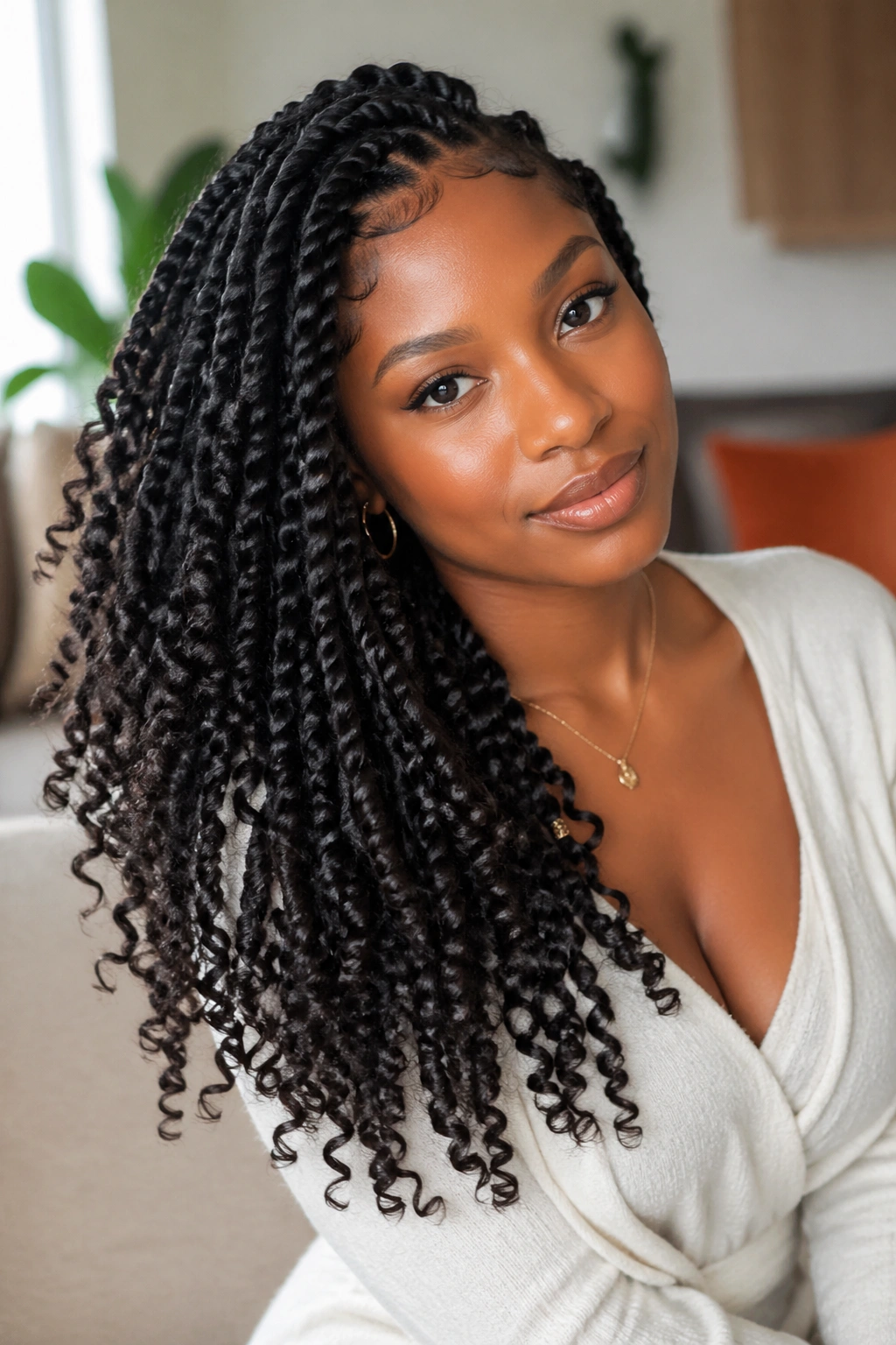 Close-up of real person wearing passion twists in warm natural light