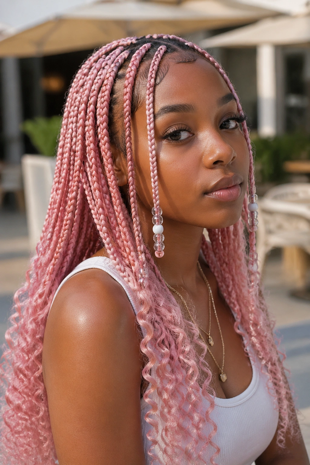 Close-up portrait of a real person with pastel pink knotless box braids, curly ends and subtle beads.