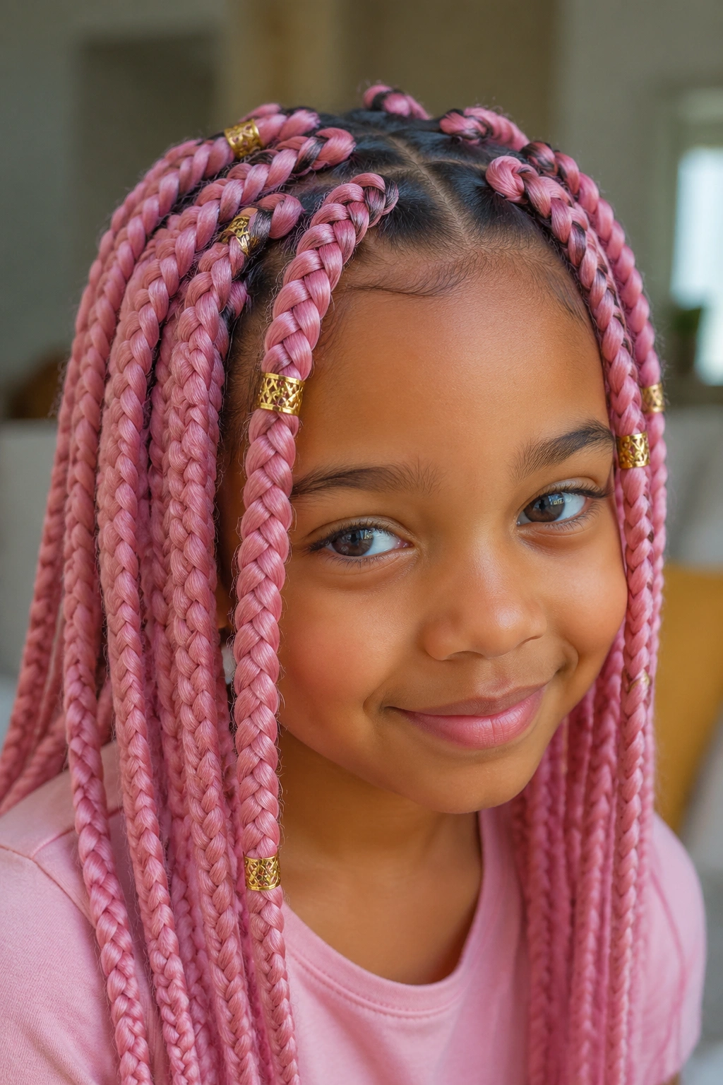 Real child wearing pastel pink box braids with gold cuffs in bright light.
