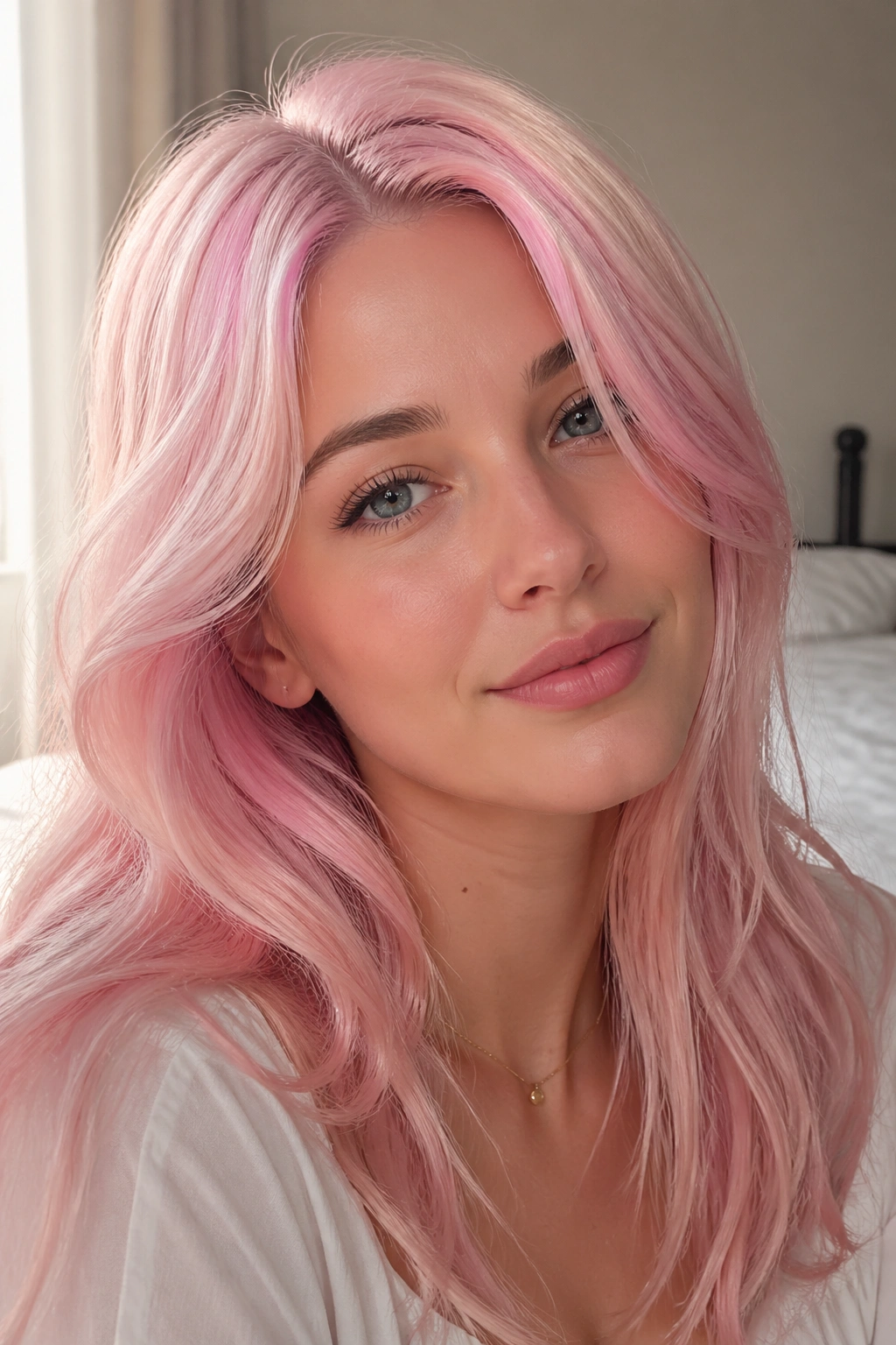 Close-up portrait of a real woman with Cherry Blossom Pastel hair in milky pink.