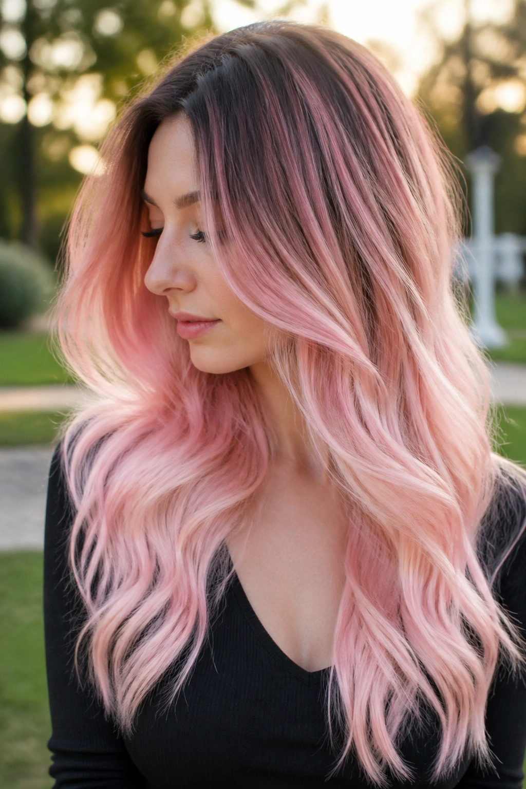 Long hair with pastel pink ombre from roots to ends.