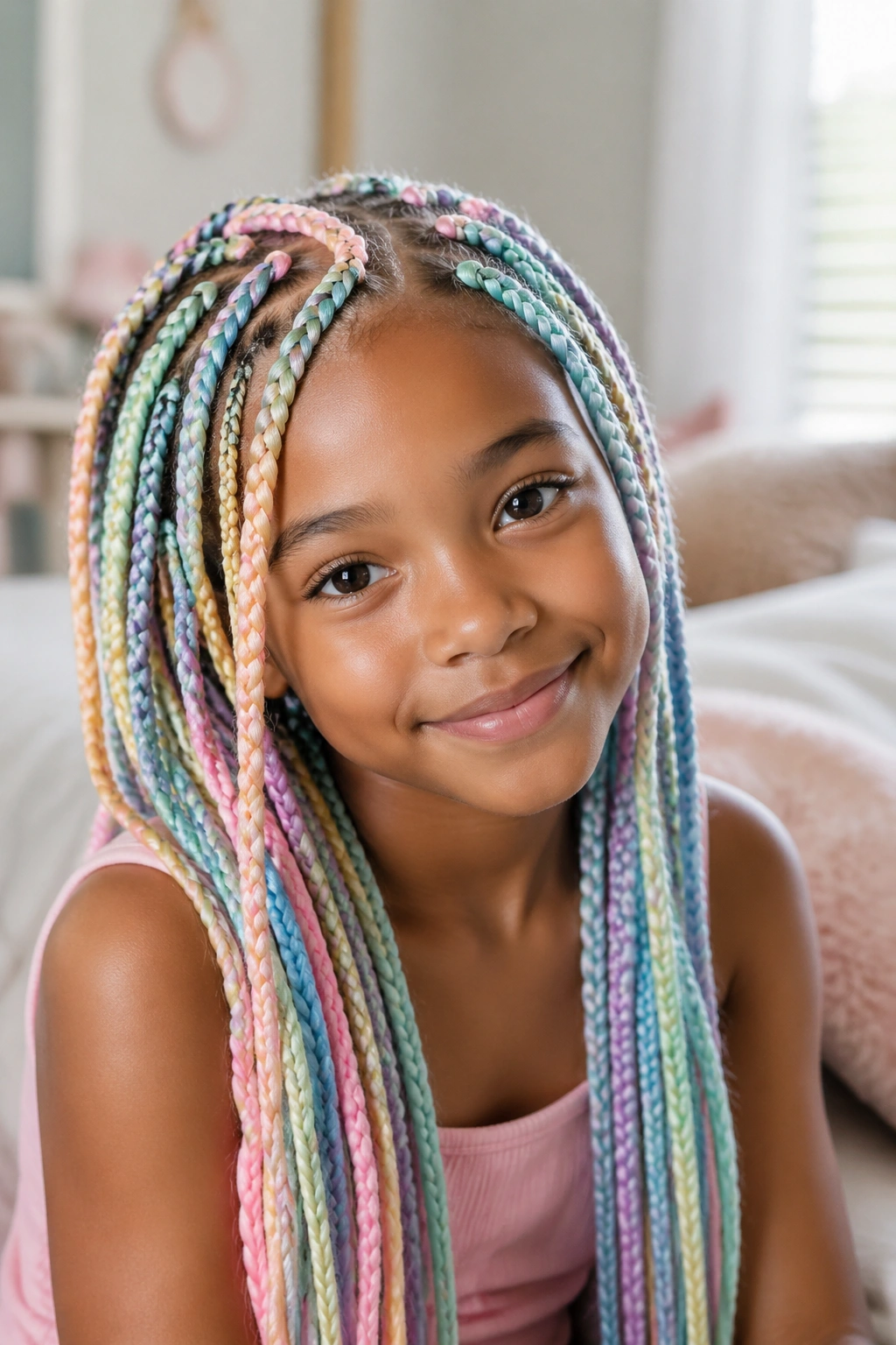 Close-up of a real child with pastel rainbow box braids in soft candy colors