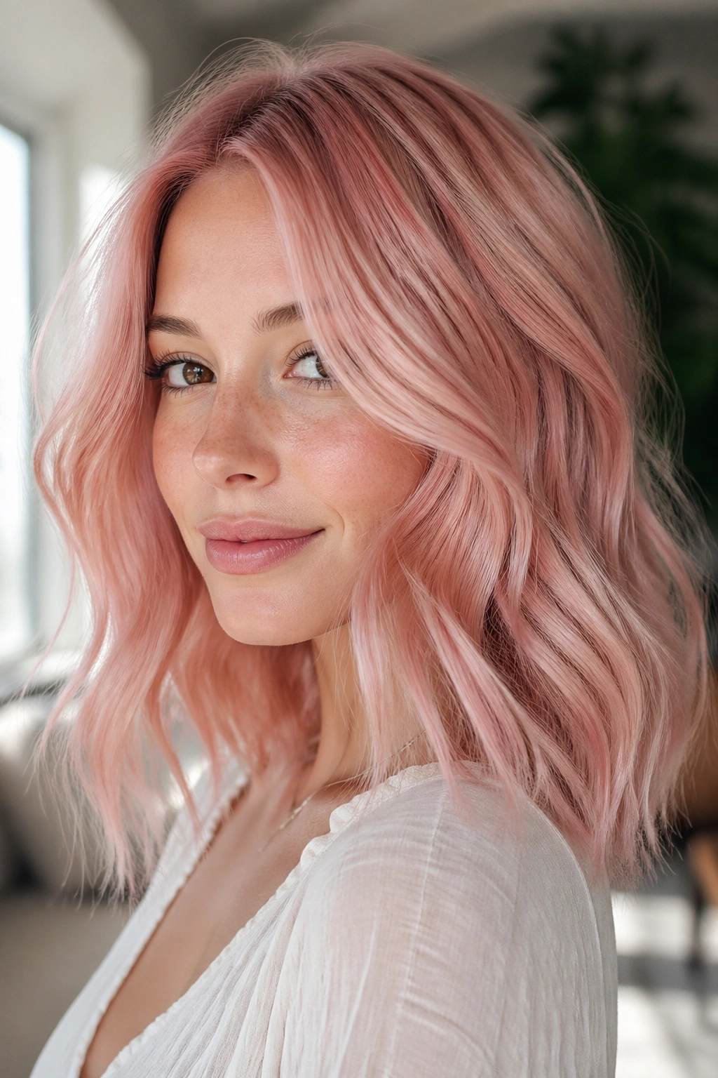 Close-up of real woman with pastel rose gold hair.