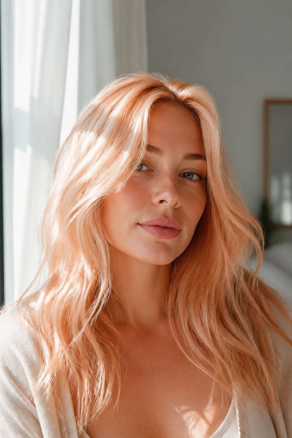 Close-up portrait of a real woman with peach champagne hair in a soft peach-beige glow.