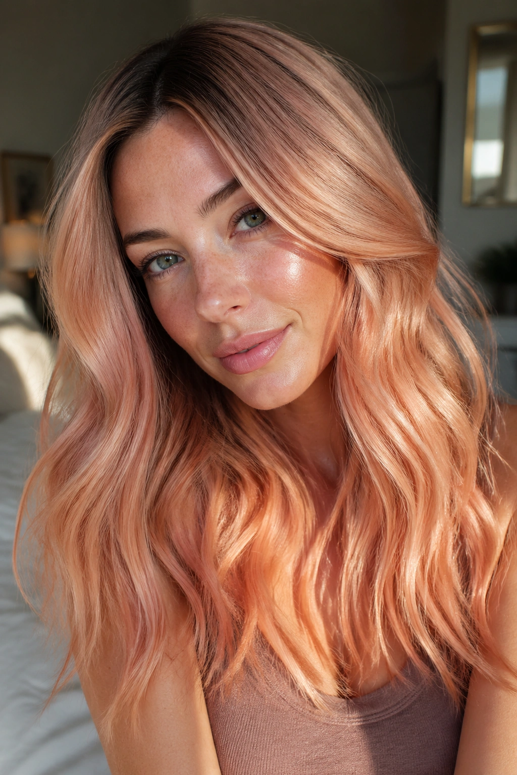 Close-up of a real woman with peach champagne melt hair in warm window light