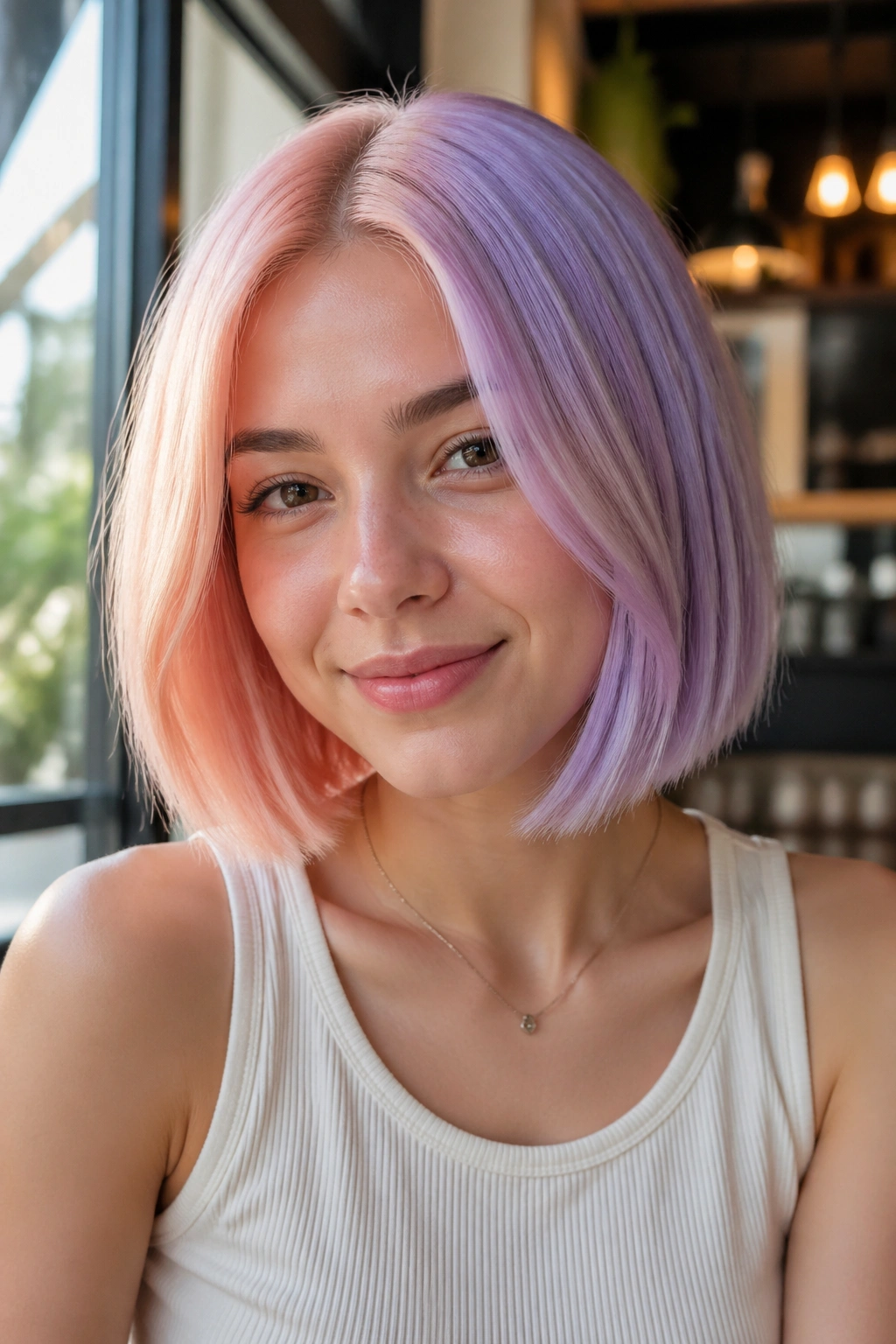 Pastel peach and lavender bob on real person in sunlit cafe.