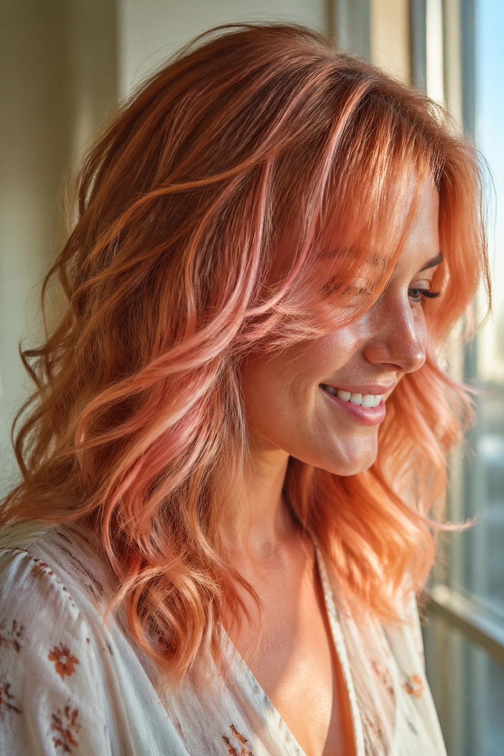 Real person with peach-opal copper holographic hair.
