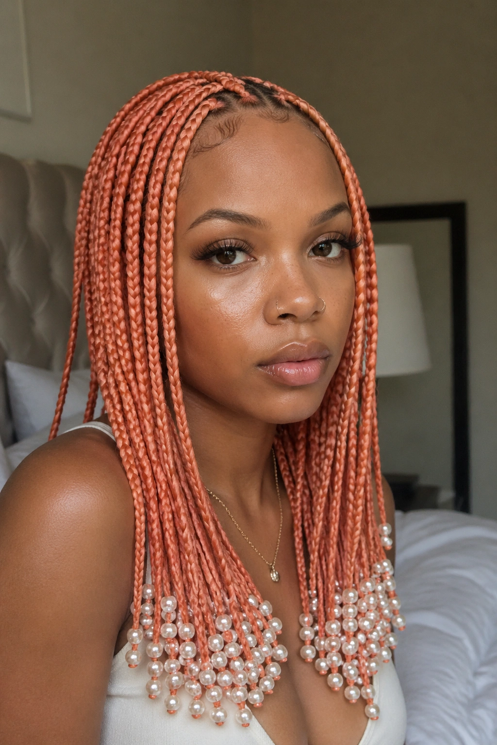 Portrait of a real woman with peach orange knotless braids and pearl beads