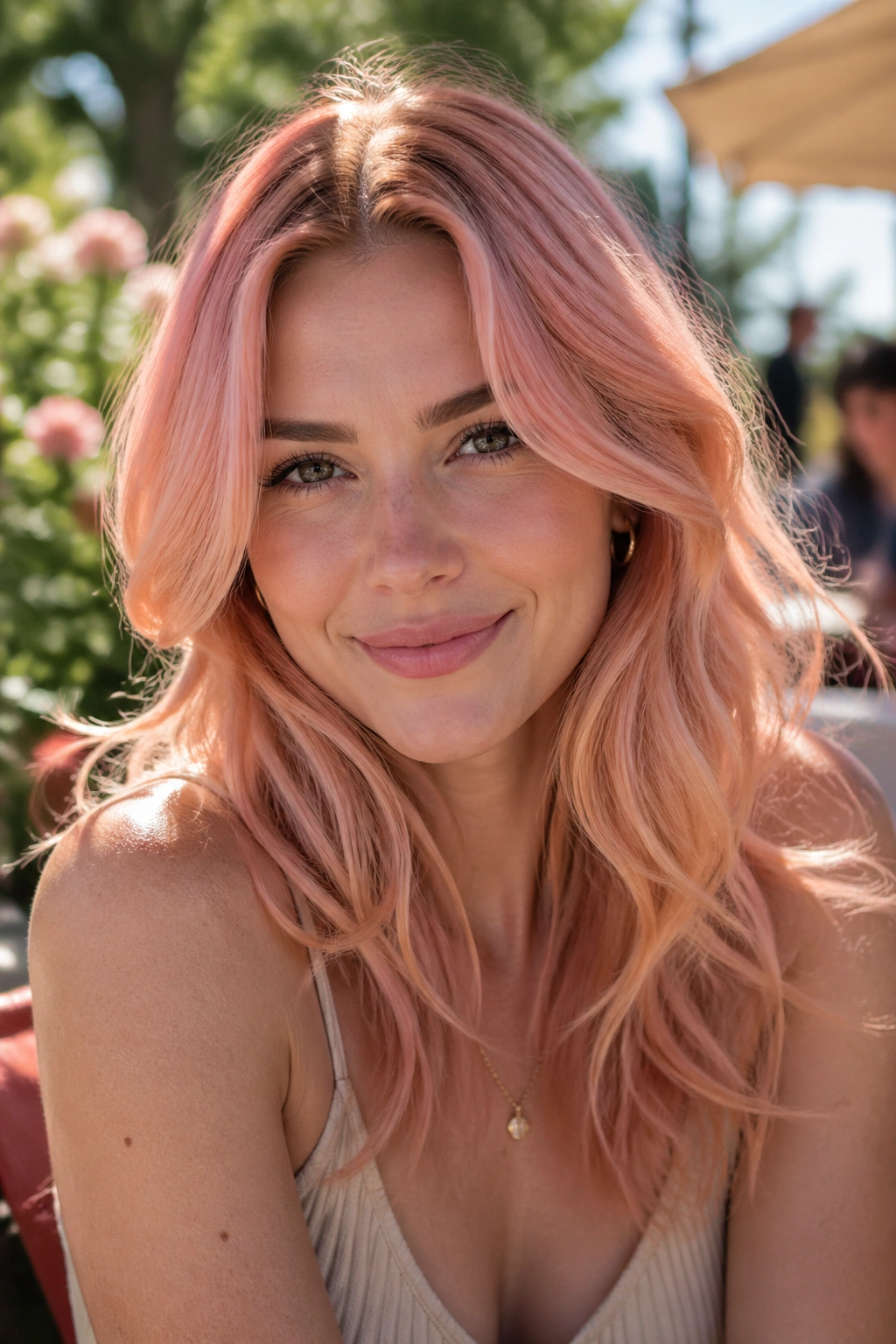 Close-up portrait of a real person with peach rose gold hair in a sunny outdoor setting