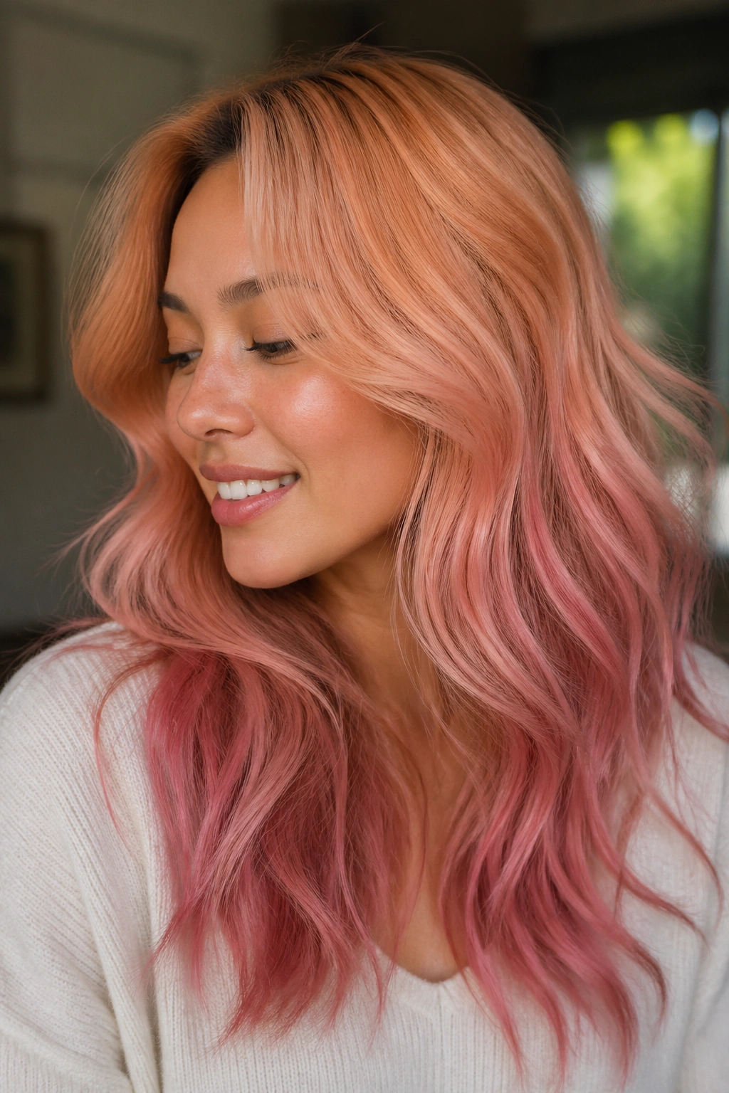 Close-up portrait of a real woman with a peach-rose melt hair color blending peach near the face into rose pink mid-lengths.