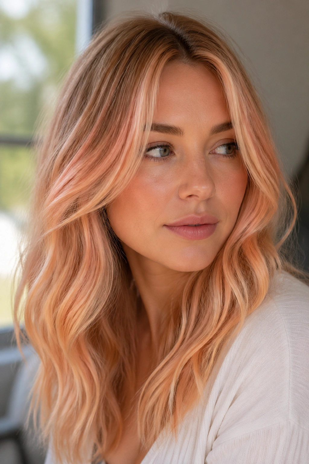 Close-up of peach-toned blond glaze on dark blonde hair on a real person