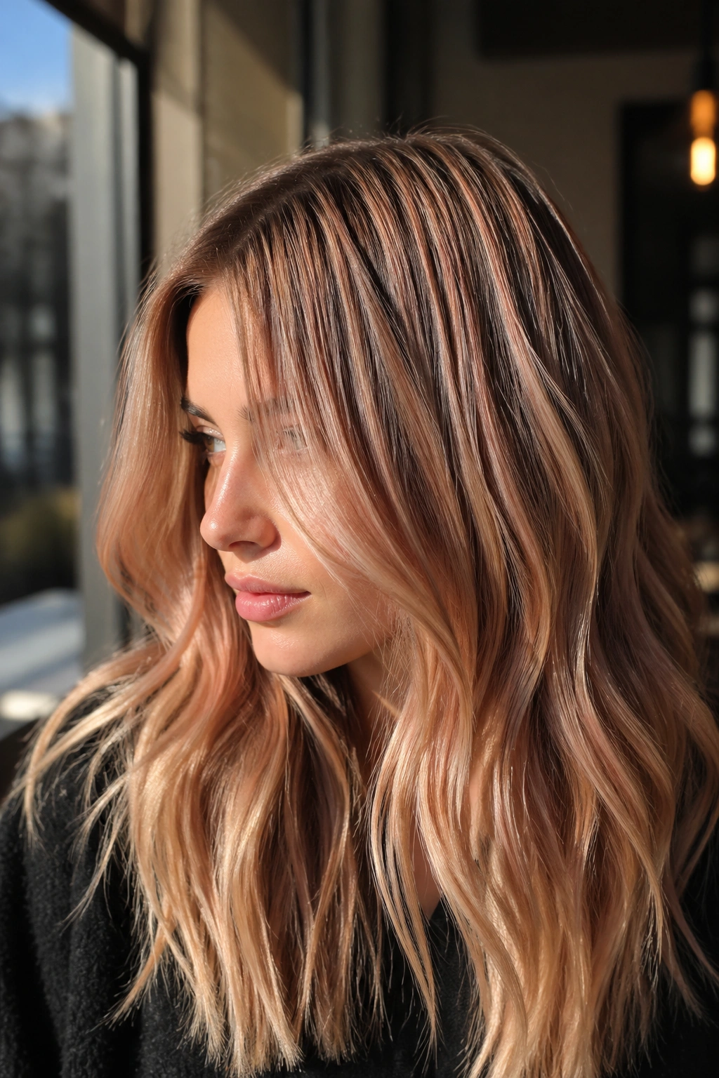 Close-up of a real woman with fine peach-beige highlights in blonde hair.