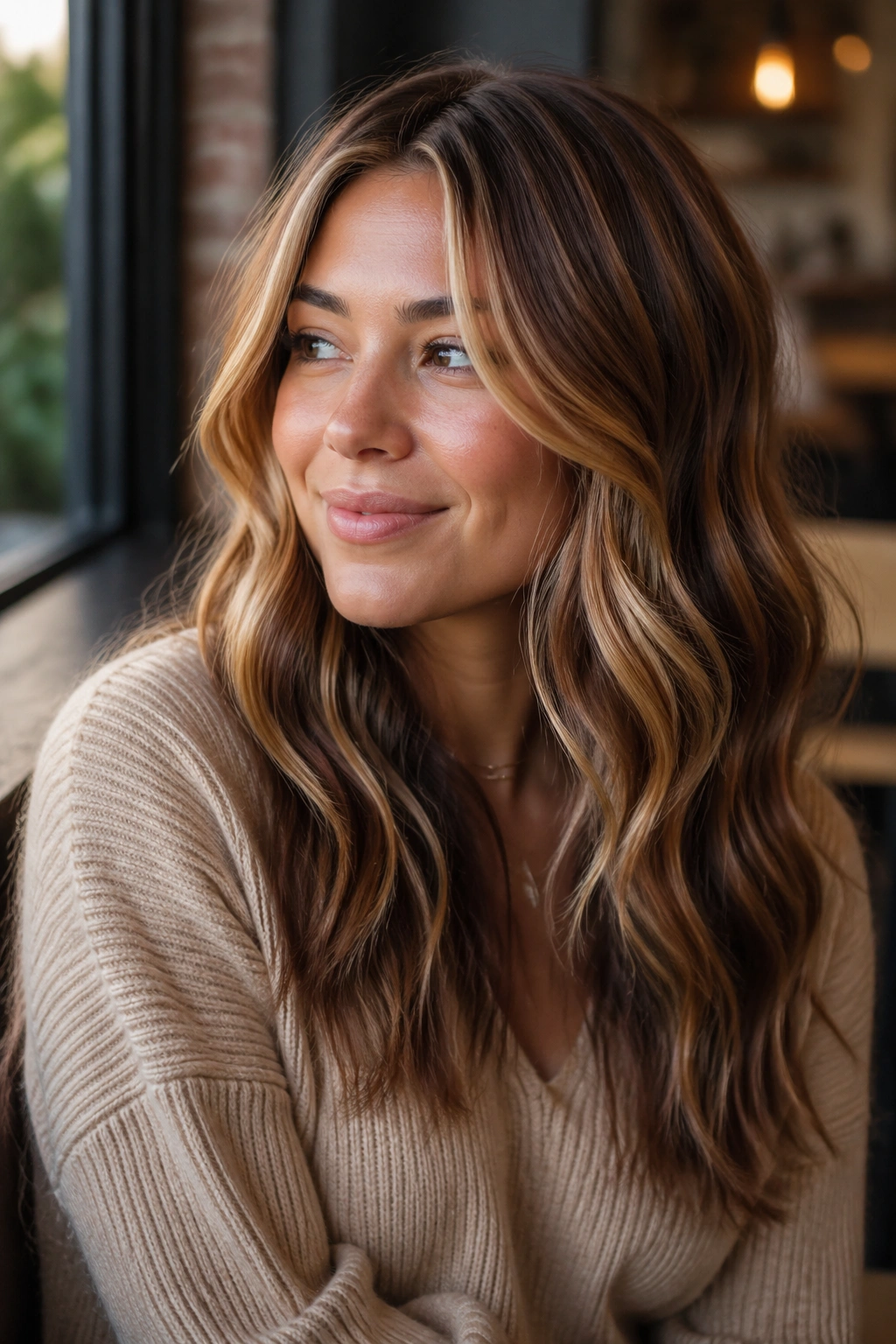 Real woman with peachy beige highlights on warm light brown hair