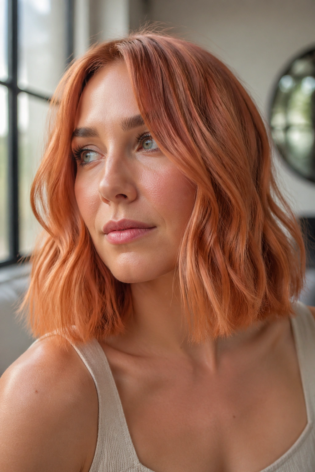 Close-up of a real person with peachy copper lob hair