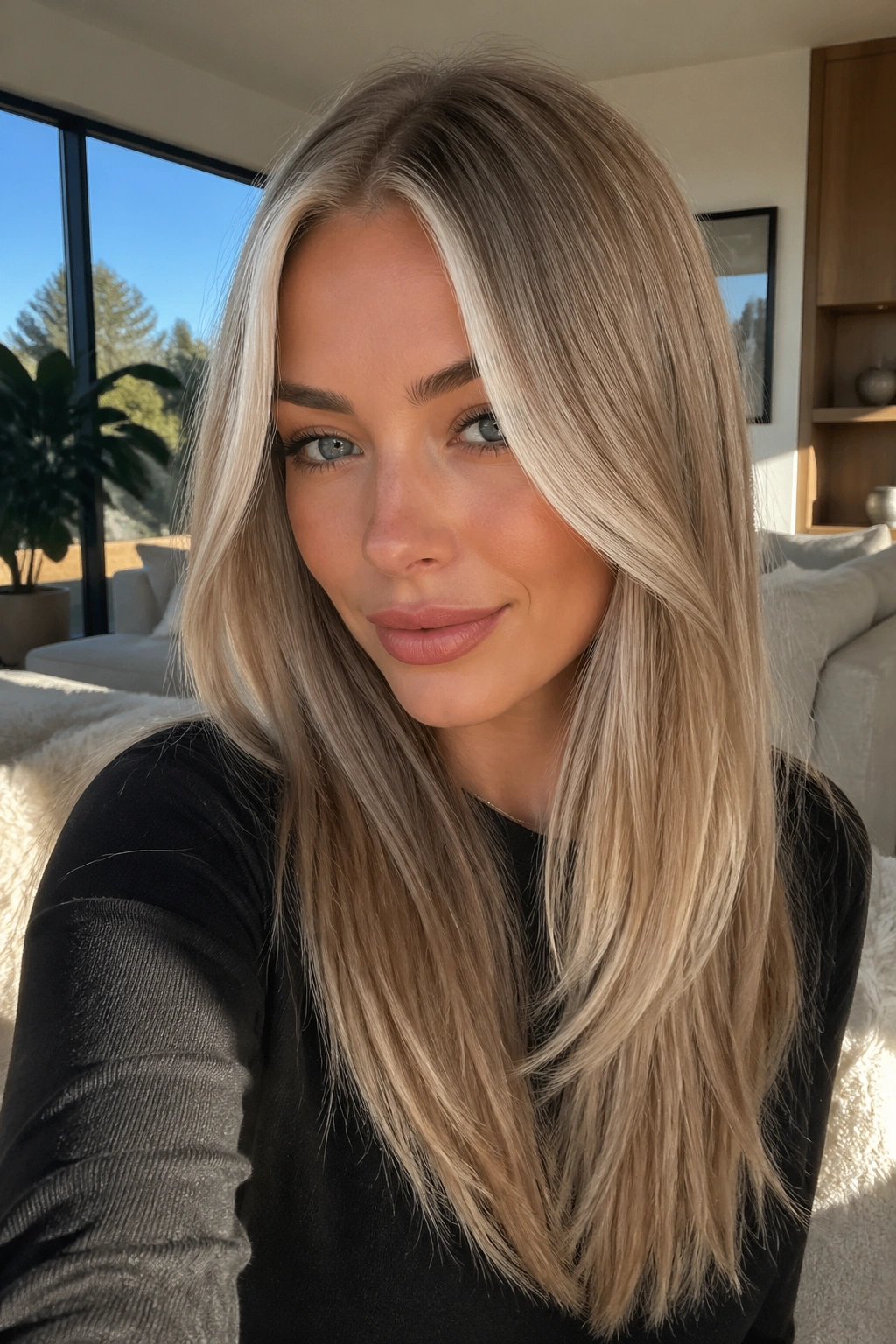 Close-up of a real person with pearl ash blonde and face-framing lighter strands