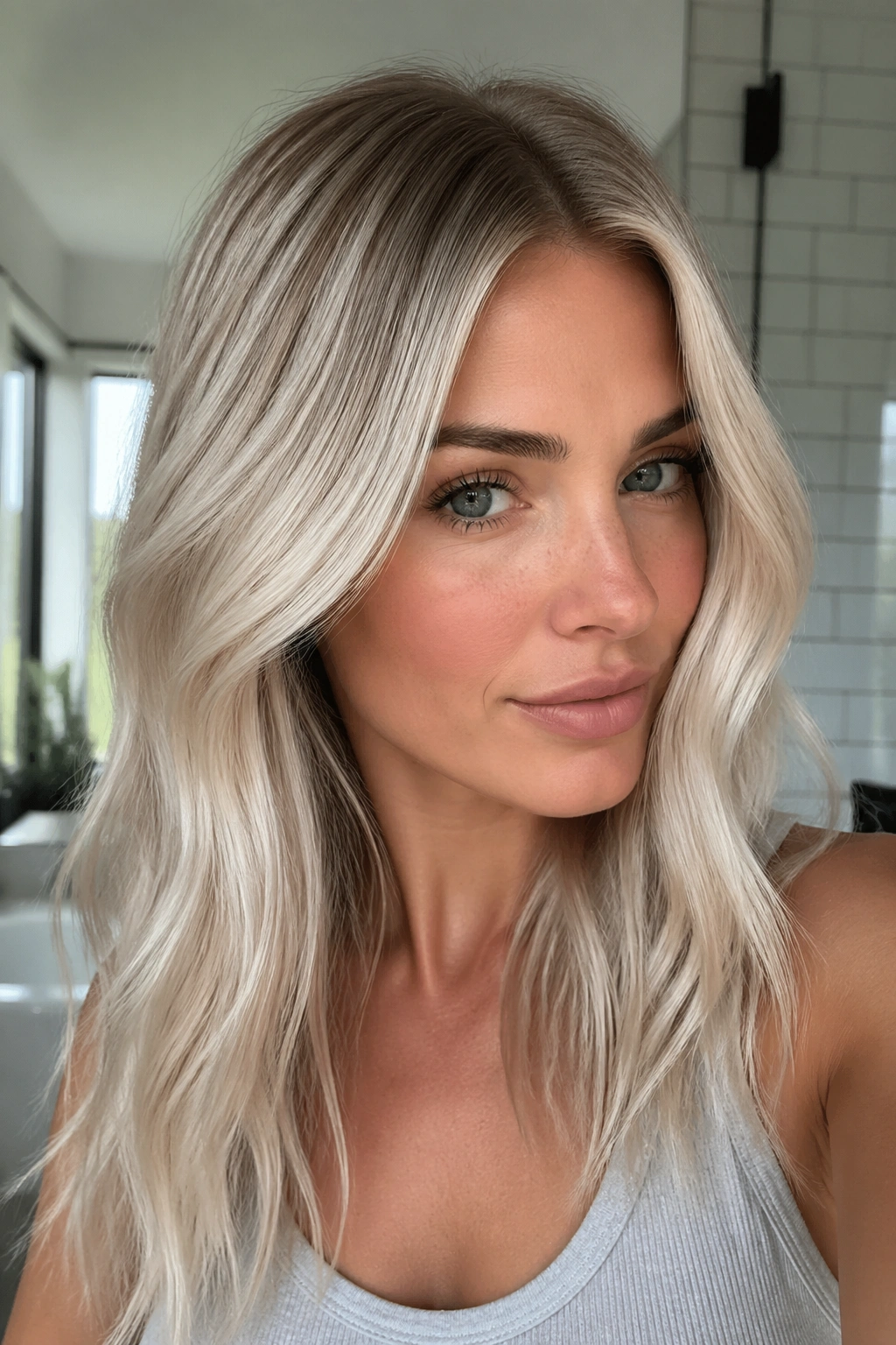 Close-up portrait of a real woman with pearl blonde hair and an ashy root melt in bright light.