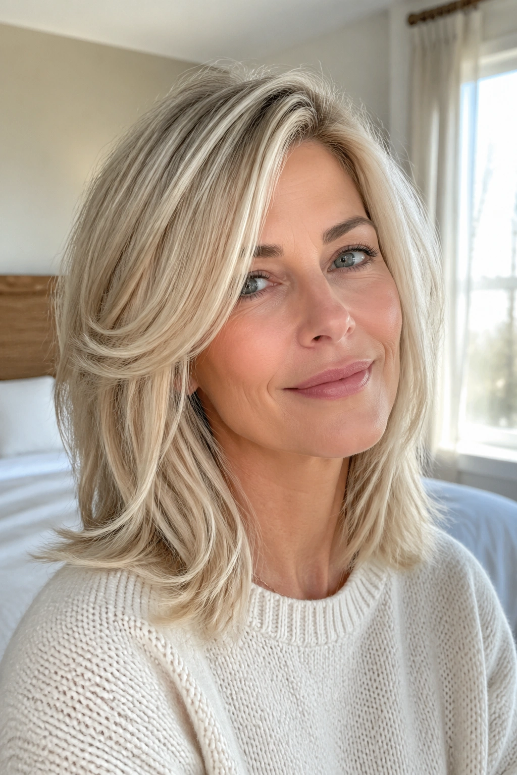 Close-up of a real woman with pearl blonde layered shoulder-length hair and soft face-framing layers.
