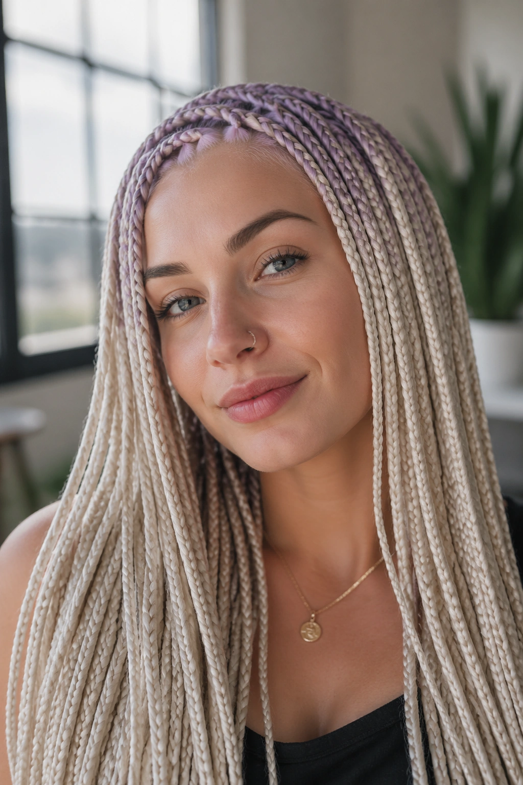 Close-up portrait of a real woman with pearl blonde and lavender root shadow braids.