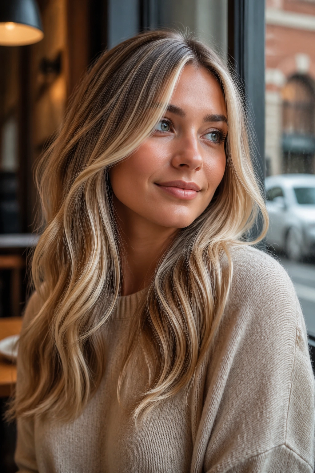 Close-up portrait of pearl blonde ribbons highlighting face framing pieces