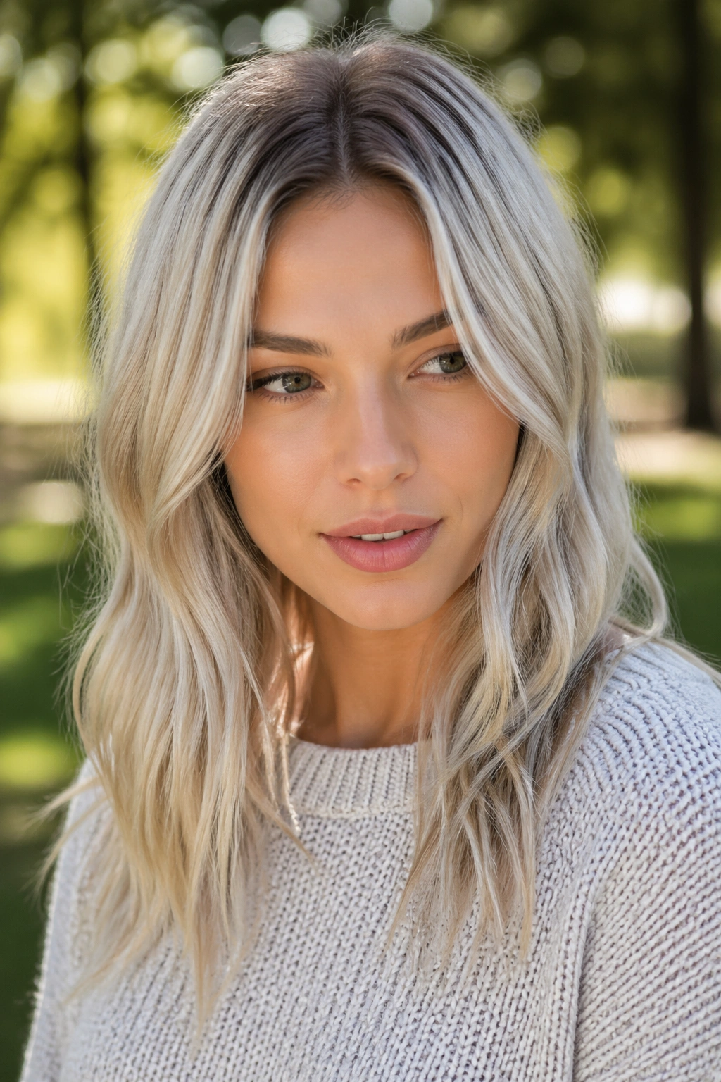 Close-up of a real woman with pearl blonde hair and shadow root in natural light