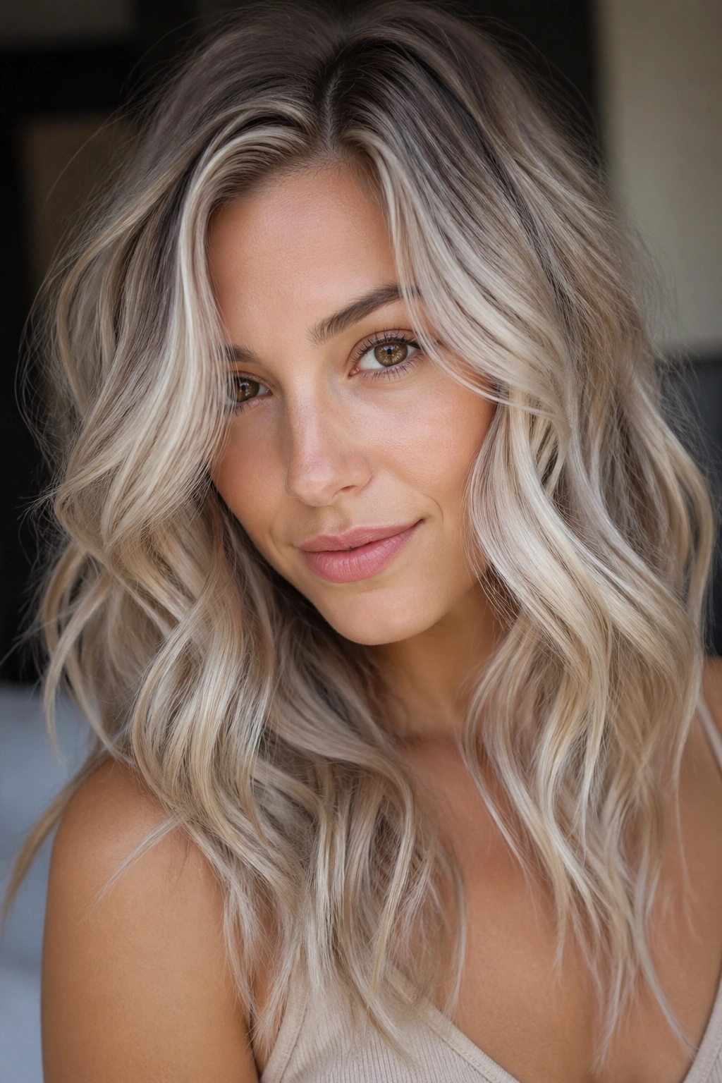 Close-up of a woman with pearl gloss dirty blonde hair and soft shine.