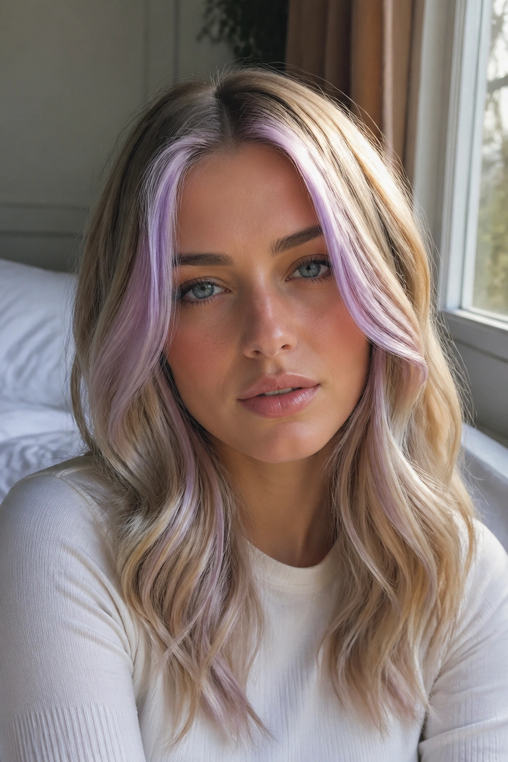 Two front lilac money pieces on a neutral blonde base framing the eyes