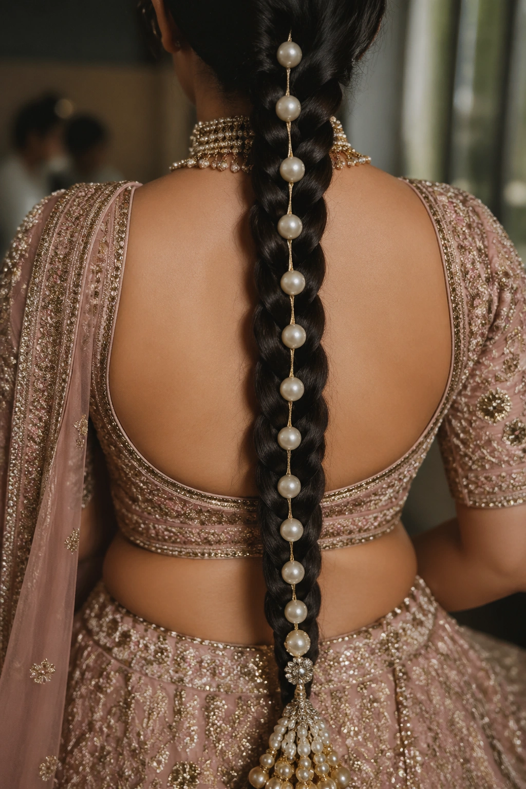 Close-up of pearl-strung parandi braid on a real bride