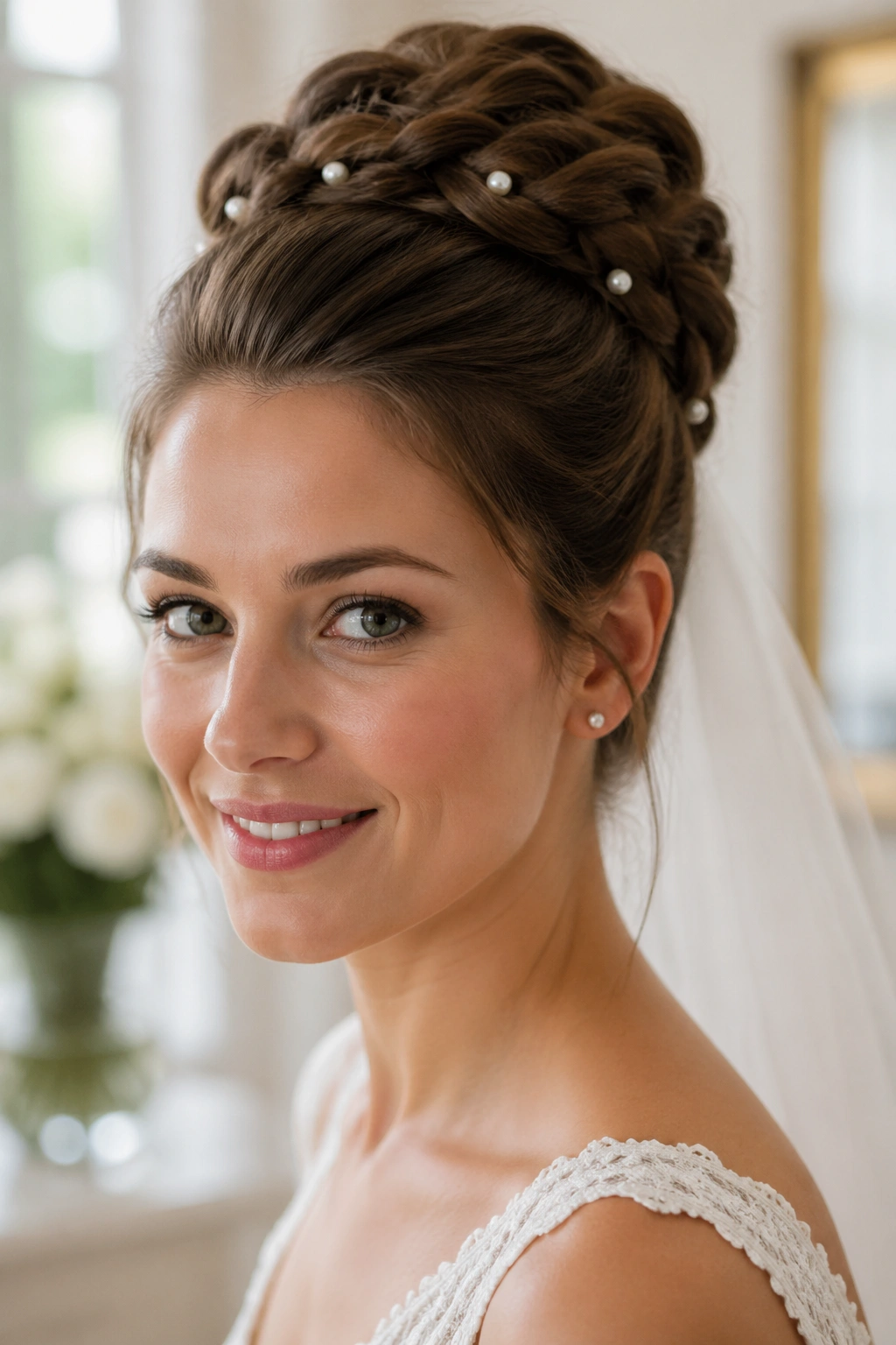 Bride with minimal beehive braid and pearl pins in bright room