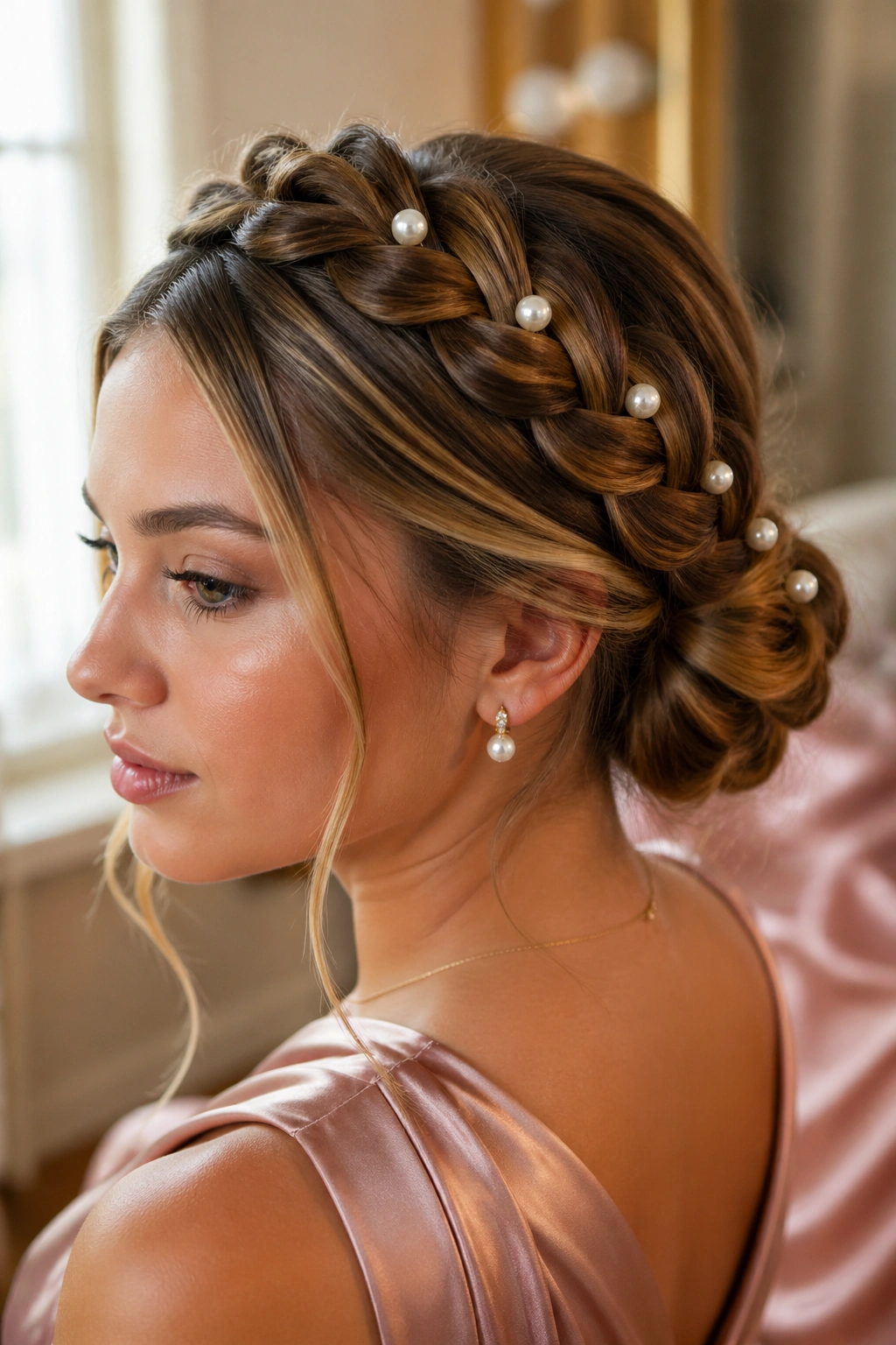 Close-up of a real person with a pearl-pinned dragon braid updo and pearls along the braid