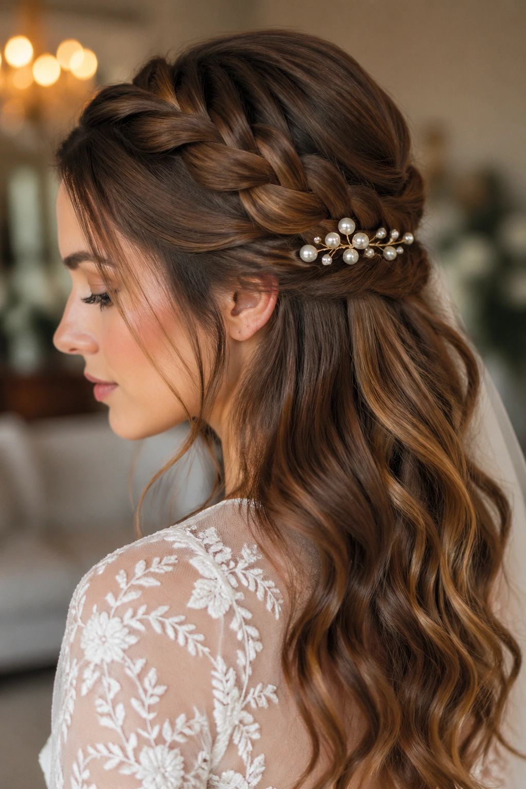 Close-up of a real woman with pearl pins on a half-up braid