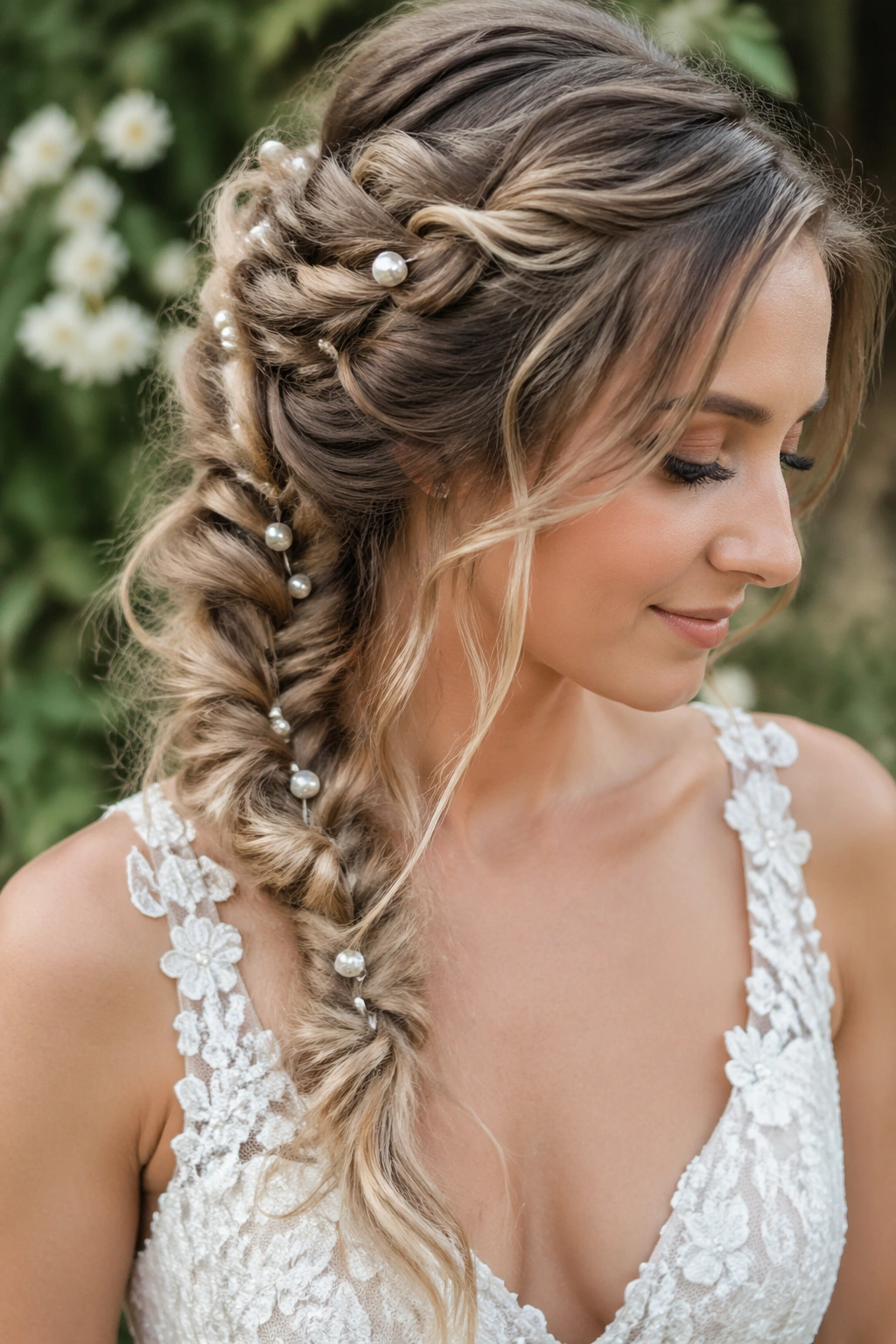 Close-up of a real bride with boho fishtail and pearl pins in a garden setting