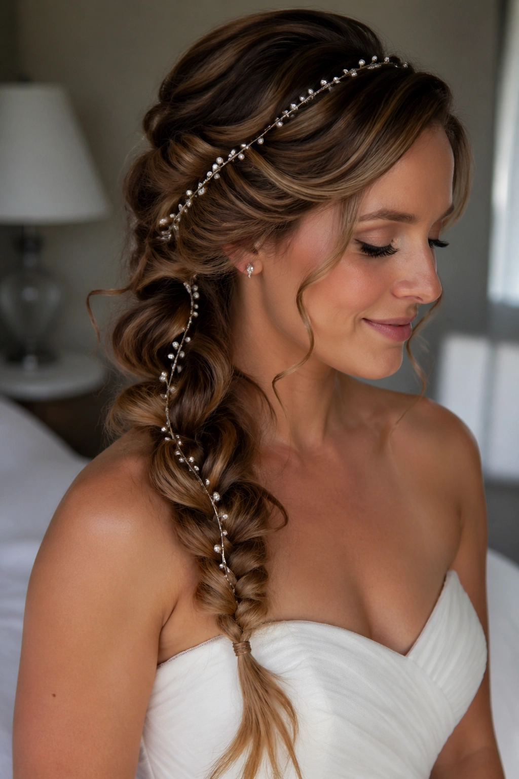 Close-up of a real bride with a loose woven braid and pearl thread in hair