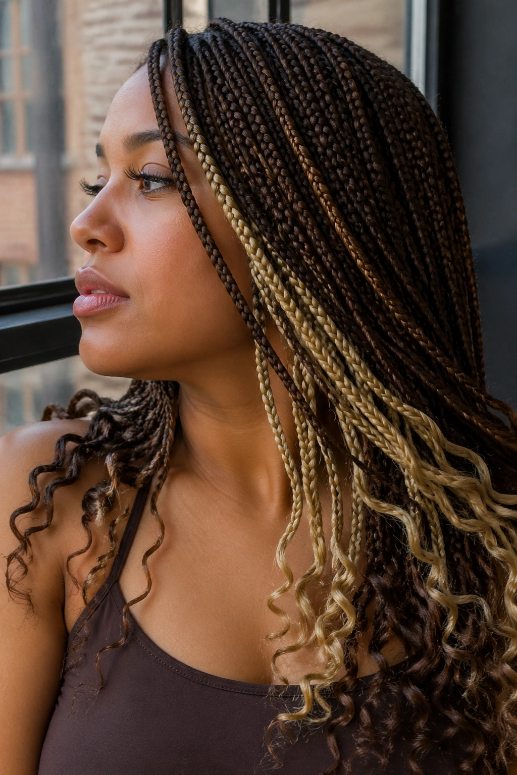 Close-up of hair showing blonde underlayer peeking through brown braids on a real person.