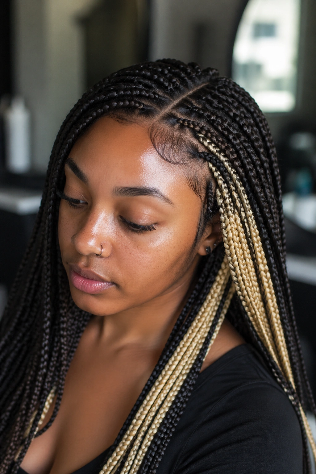 Close-up of a real woman showing a blonde peekaboo underlayer peeking through dark hair at temple in a salon.
