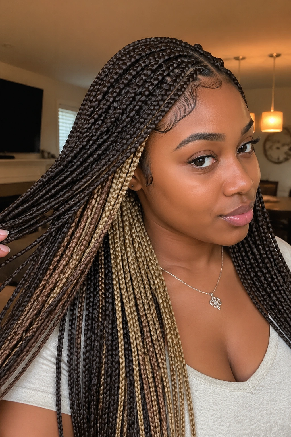 Portrait of a real person with brown knotless box braids showing hidden blonde layers (peekaboo)