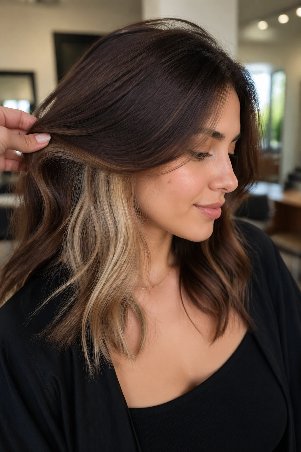 Peekaboo blonde pieces hidden under top layer visible as hair moves